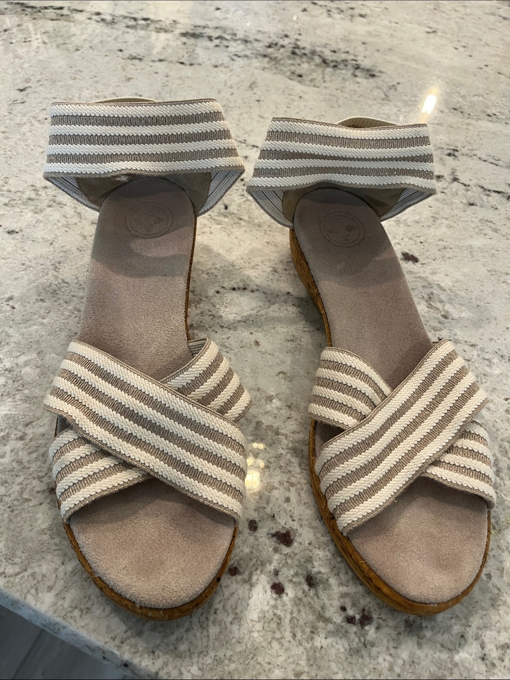 CHARLESTON SHOE CO. Cream and Beige Striped Espadrille Wedge Sandals